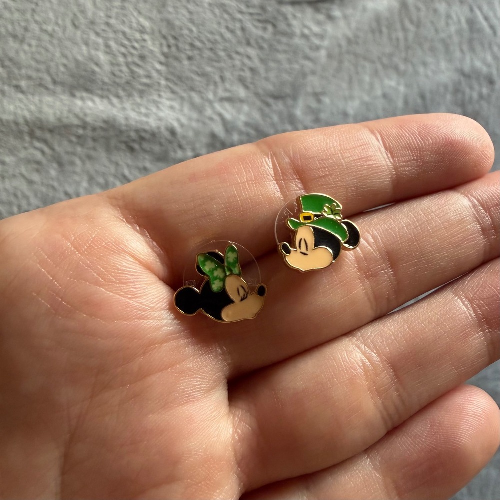 BaubleBar Disney Mickey Minnie St Patrick's Day Stud Earrings Green Gold - D393